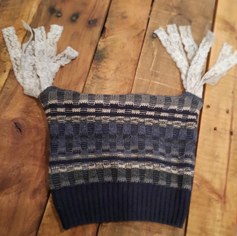 Fun funky knit hat M vtg lace tassels upcycled sweater handmade